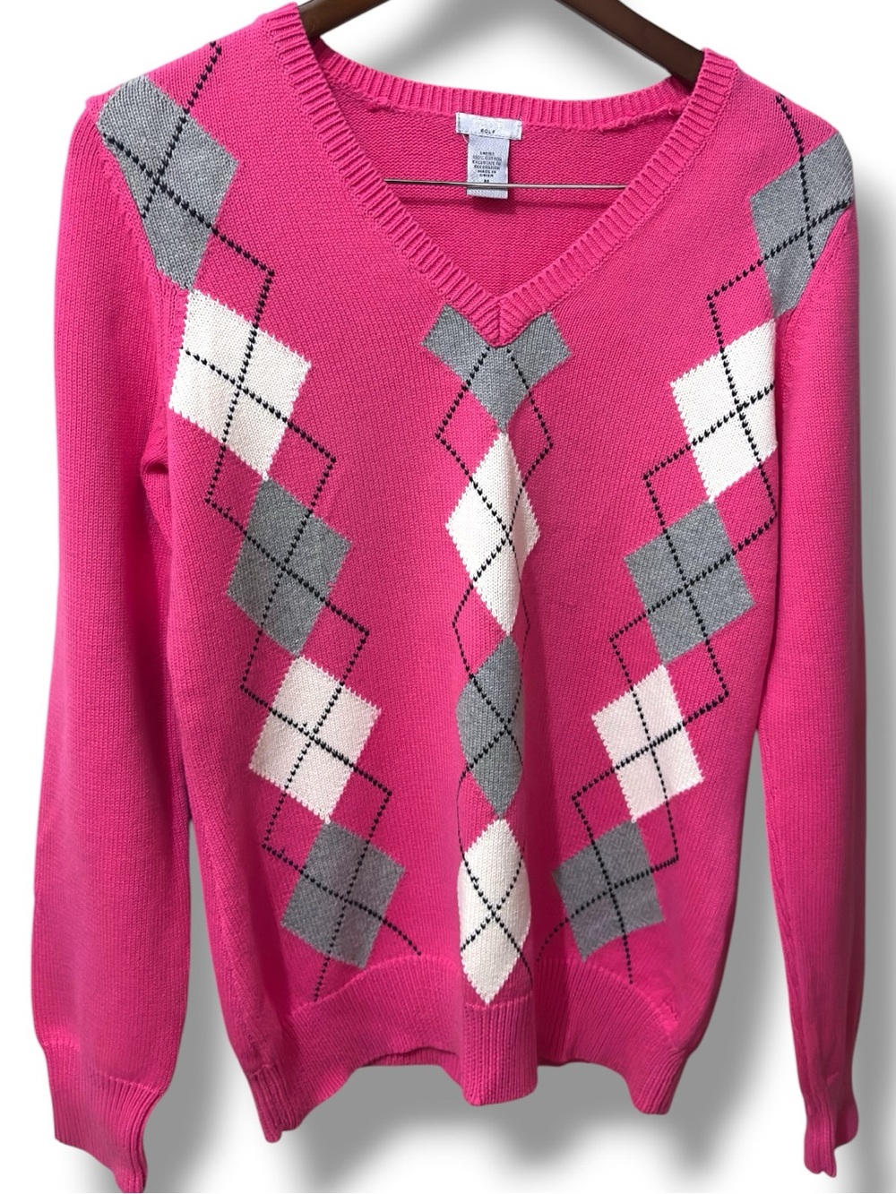 IZOD Golf | VTG Y2K 100% Cotton Women's Hot Pink White Argyle V-Neck Sweater(M) - Picture 3 of 14